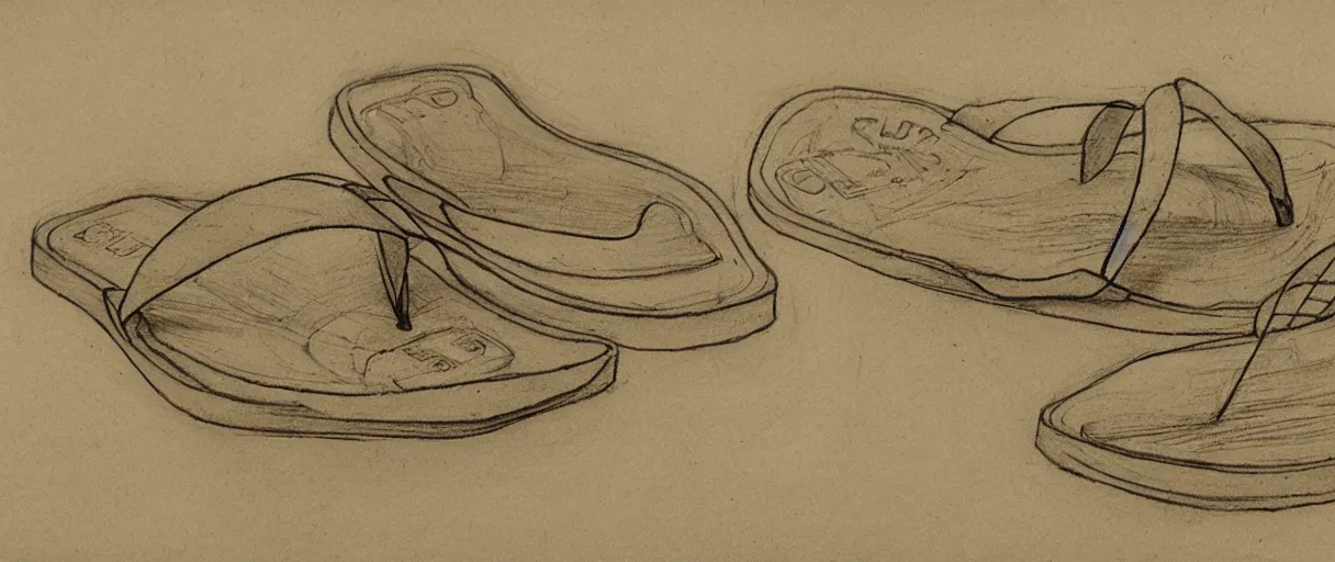 Image similar to detailed blueprint sketches of flip flops, by leonardo davinci, on yellow paper, worn, pencil, sketch