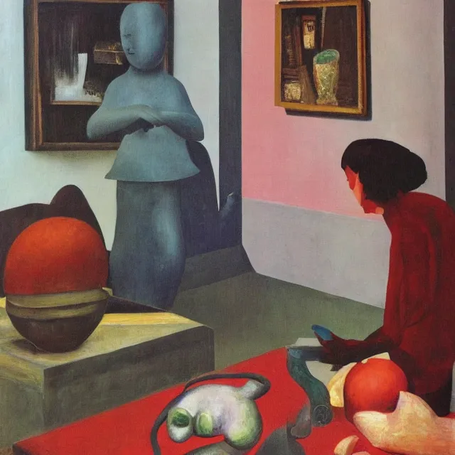 Image similar to a female art student in her apartment, sculpture work in progress, pig, pomegranate, acrylic on canvas, surrealist, by magritte and monet