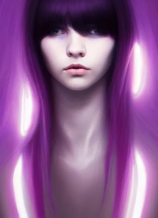 Image similar to hair whitebangs hair, black hair, whitebangs, portrait of teenage girl with white bangs, red irises, purple clothes, white bangs, bangs are different color from hair, intricate, elegant, glowing lights, highly detailed, digital painting, artstation, concept art, smooth, sharp focus, illustration, art by wlop, mars ravelo and greg rutkowski