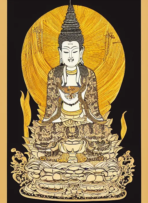 Prompt: detailed pen and ink illustration of a Buddhist bodhisattva with a bears head, anthropomorphic, seated in royal ease, 0.2 black micron pen on white paper, gilded gold halo behind head, highly detailed, fine pen work, white background, in the style of Olivia Kemp