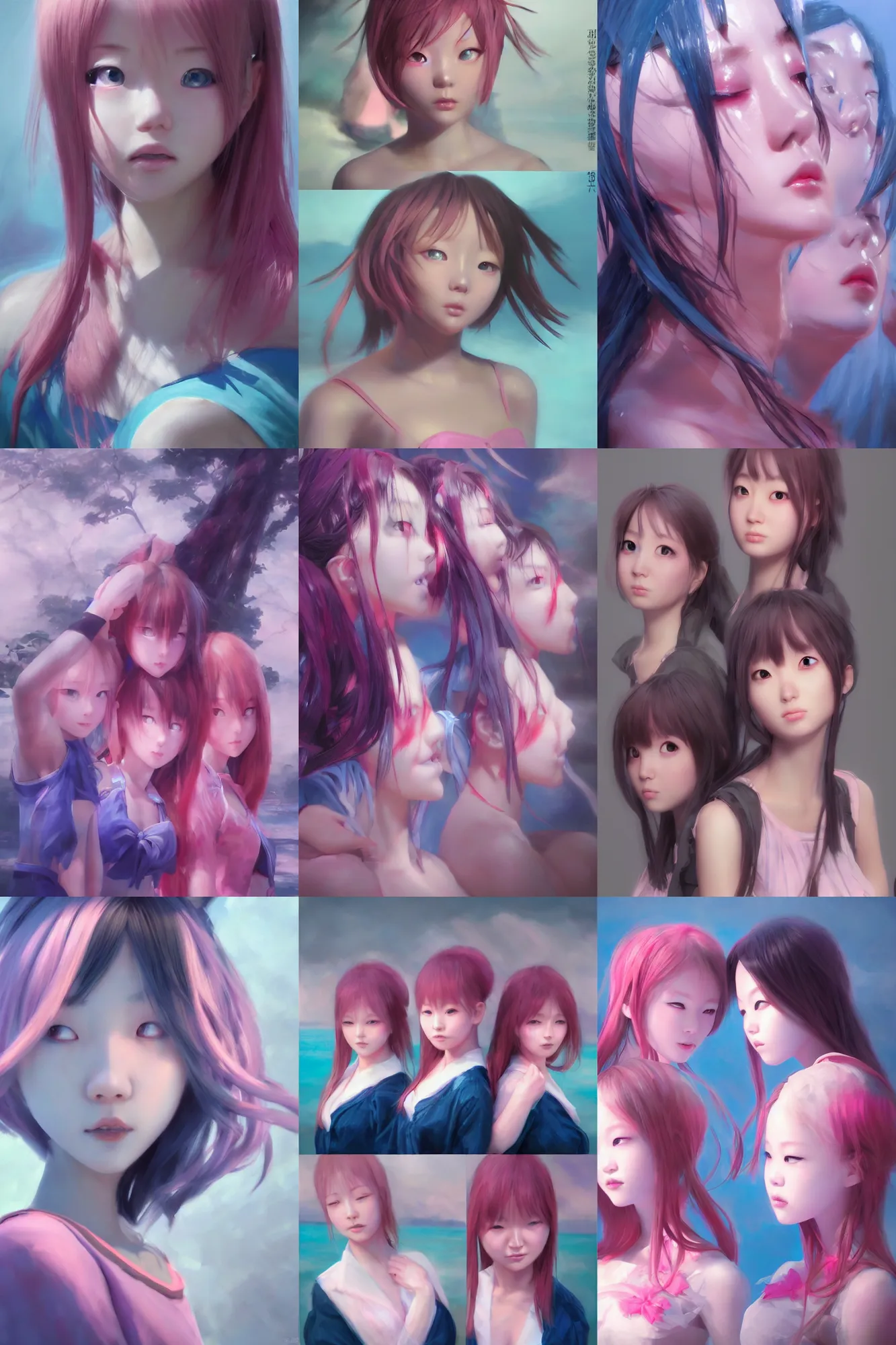 Image similar to 3d dark infrared octane render concept art by D. Jun, by Mo Xiang Tong Xiu, by Igarashi Daisuke, beauty portrait anime schoolgirls under dark pink and blue water. cute face. dramatic light, trending on artstation, oil painting.