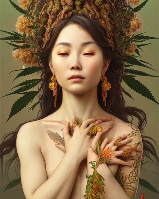 Prompt: portrait of goddess gaea, cannabish face, upper body, decorated with cannabis buds, traditional chinese art, intricate, elegant, highly detailed, digital painting, artstation, concept art, smooth, sharp focus, illustration, art by artgerm and greg rutkowski and alphonse mucha, 8 k