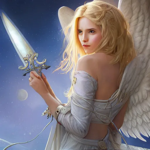 Image similar to A beautiful digital painting of a female angel with blonde hair and a sword in her hand, princess, the moon behind her, D&D, fantasy, intricate, cinematic lighting, highly detailed, digital painting, Artstation, concept art, smooth, sharp focus, illustration, art by Artgerm and Greg Rutkowski, Alphonse Mucha and charlie bowater