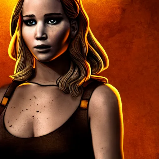 Image similar to jennifer lawrence portrait, borderlands, tales from the borderlands, the wolf among us, comic, cinematic lighting, studio quality, 8 k