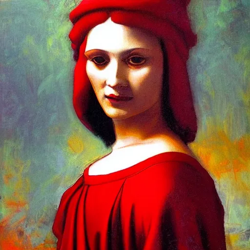 Image similar to a woman in red, dmitry spiros, leonardo da vinci, jacques - louis david, johannes vermeer, 8 k, wide angle,