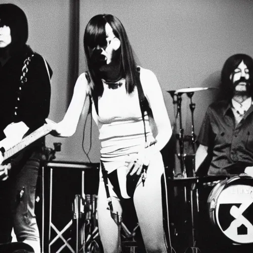 Image similar to 1970s photograph of English industrial band Throbbing gristle performing on The Tonight Show Starring Jimmy Fallon-W 910