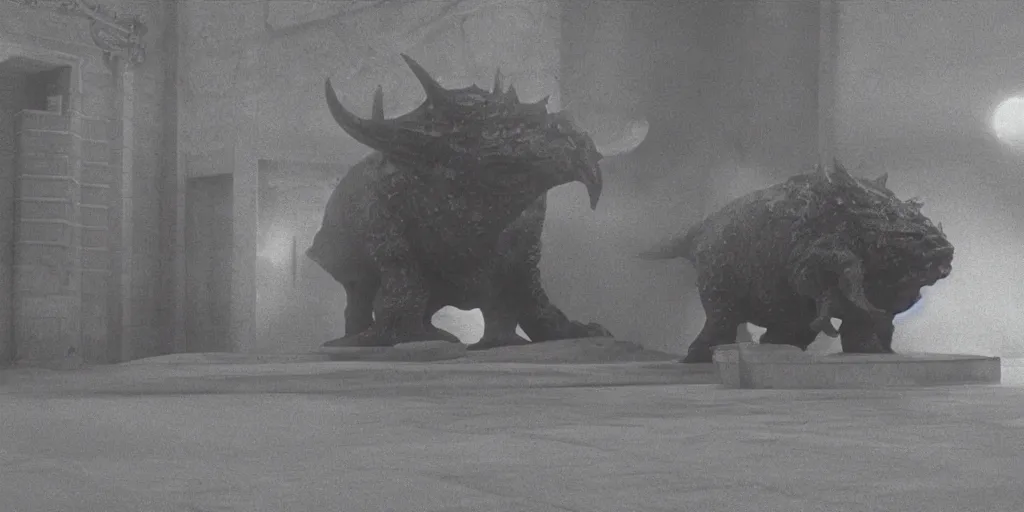 Image similar to light coming out of one bull - like kaiju starfish monster, korean film noir, korean traditional palace, pyongyang city, 1 9 6 0 s, red color bleed, 4 k, video compression, video glitch, monochrome, akira kurosawa, mamoru oshii, wes anderson, stanley kubrick