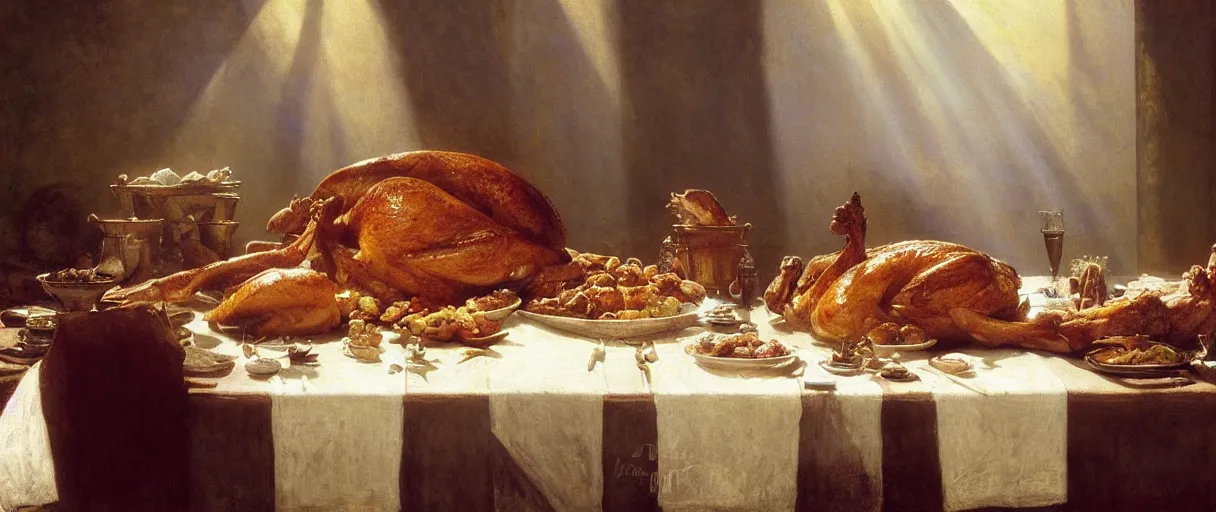 Prompt: still life a roast turkey feast, by albert bierstadt, by caspar david friedrich, by charlie bowater, by claude monet, pastel art, warm color palette, 3 d, 8 k, crepuscular rays, natural lighting, studio lighting, insanely detailed and intricate, hypermaximalist, elegant, ornate, hyper realistic, super detailed