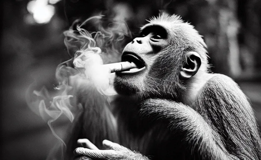 Prompt: a happy monkey smoking a joint, smoke, cinestill 800t,