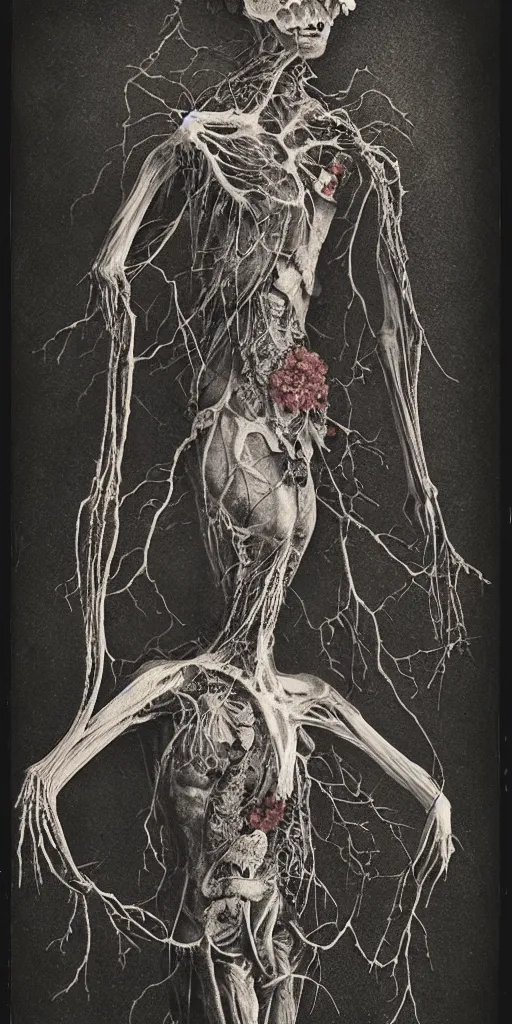 Image similar to an 1 9 1 0 polaroid photography of a very sad and detailed rotten woman corpse with fractal coral reefs and ornate growing all around, muscles, veins, arteries, anatomical, eye, ears, full body, intricate, surreal, ray caesar, john constable, guy denning, dan hillier, black and white