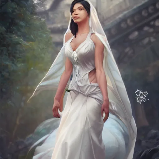 Prompt: cindy moon in a wedding dress, cg animation, riot entertainment, arcane, realistic, character select portrait, by artgerm, greg rutkowski, alphonse mucha, 3 d