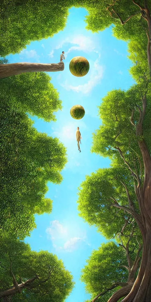 Image similar to a thin tree with an extremely long trunk and spherical canopy, viewed from below, perspective, fantasy digital painting by artgerm and leyendecker, surreal, photorealistic