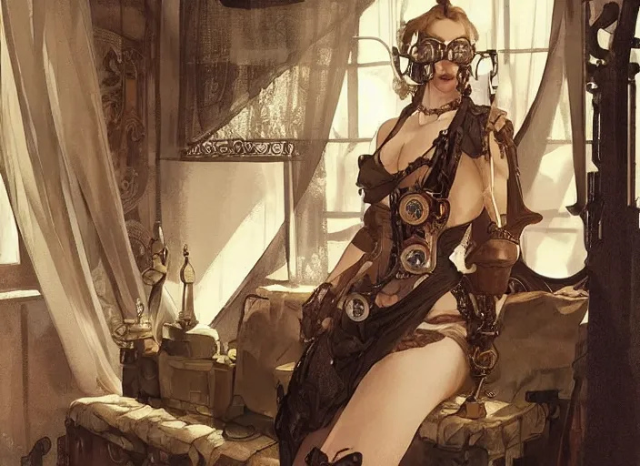 Image similar to woman model, steampunk!!!, neutral colors, in a bedroom!!!!!!!!!, backlit, elegant, highly detailed, digital painting, artstation, concept art, smooth, sharp focus, illustration, art by krenz cushart and artem demura and alphonse mucha