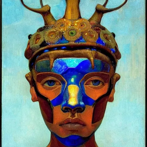 Prompt: the bone crown, by Annie Swynnerton and Nicholas Roerich and Diego Rivera, blue skin, elaborate costume, iridescent beetles, geometric ornament, rich color, dramatic cinematic lighting, smooth, sharp focus, extremely detailed