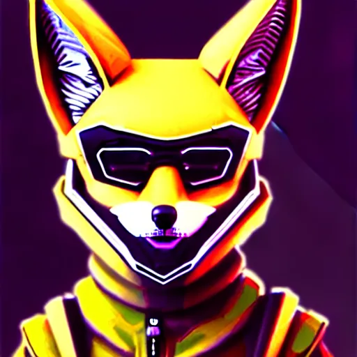 Prompt: anthropomorphic fennec in cyber armour, cyberpunk, wear and tear, battle hardened, shell shocked eyes, artstation, dirty, realistic reflections