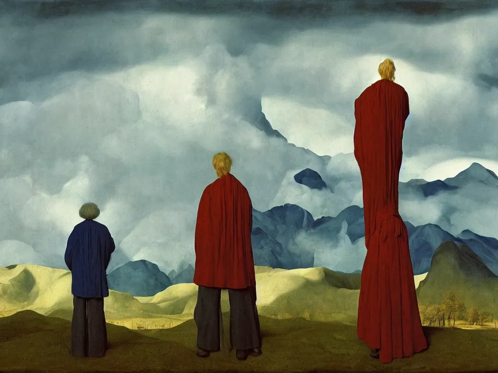 Prompt: albino mystic, with his back turned, looking at a storm over over the mountains in the distance, with dinosaur. Painting by Jan van Eyck, Audubon, Rene Magritte, Agnes Pelton, Max Ernst, Walton Ford