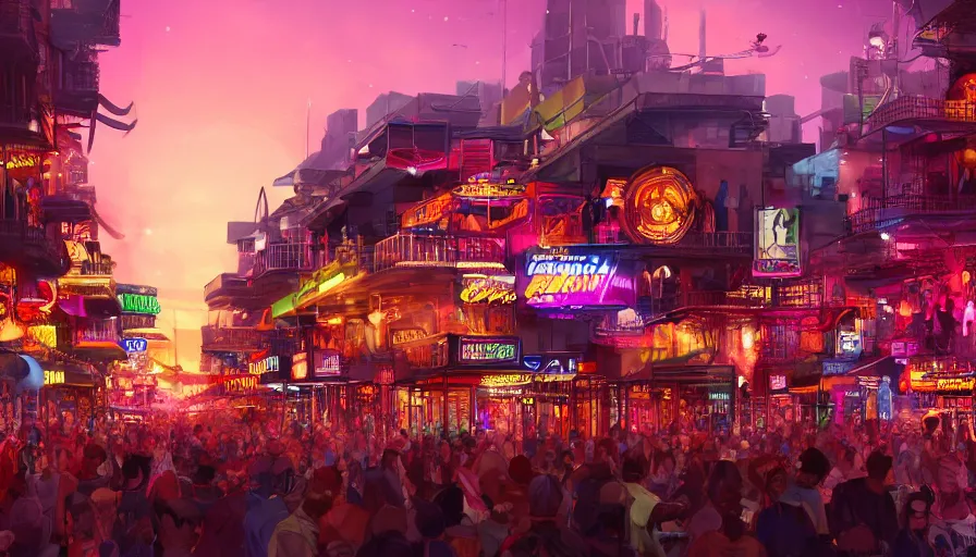 Image similar to futuristic crowded bourbon street, color lights, sunset, fanfare, hyperdetailed, artstation, cgsociety, 8 k