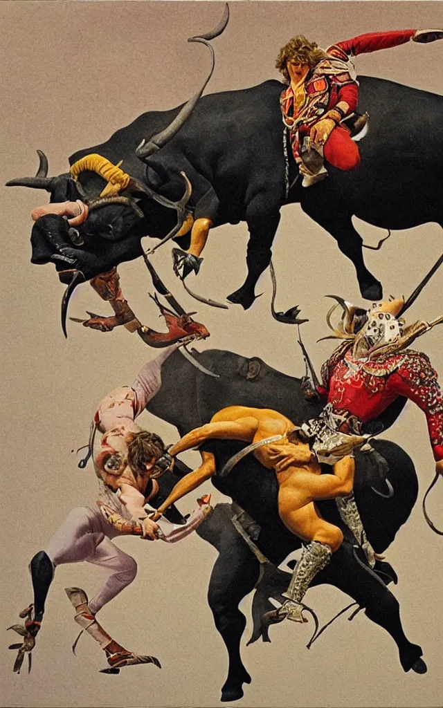 Image similar to a bullfighter being pushed out of the bull square by a giant minotaur, airbrush fantasy 80s, masterpiece album cover with black gradient on edges