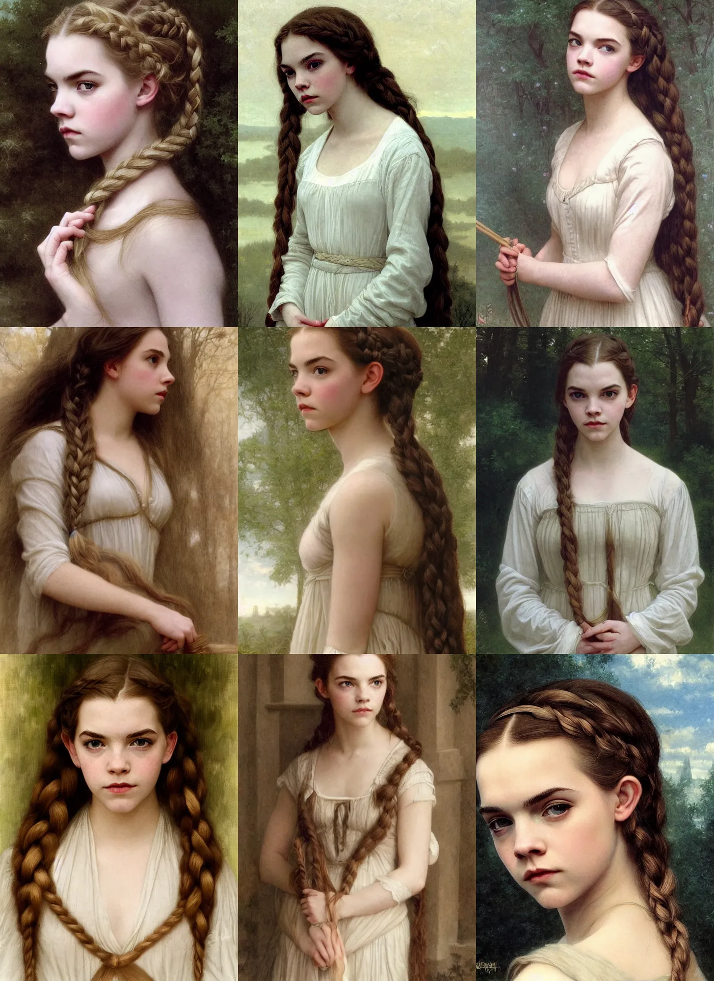 Prompt: anya taylor-joy, emma watson, pale, long white braided hair, shining, illustration, bouguereau