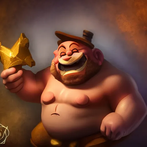 Image similar to gragas from league of legend smiling, fantasy, EOS R5, f/1.8 , HDR, natural lighting , award winning photograph, 8k, Mucha style,