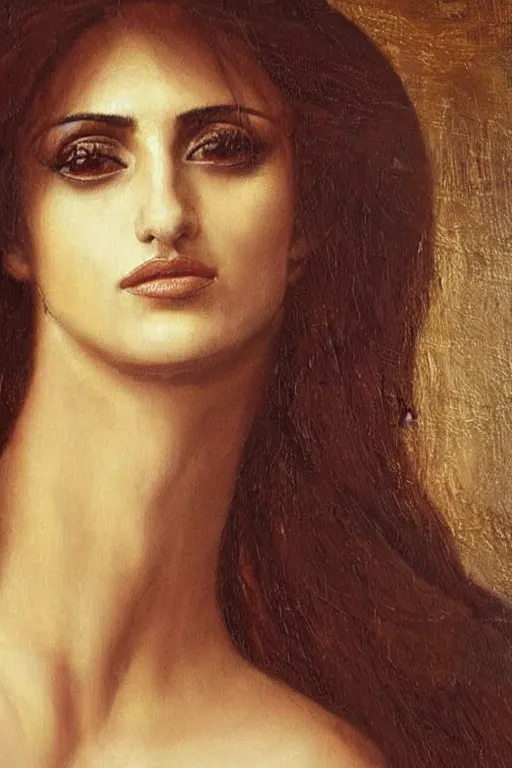 Image similar to oil painting, portrait of penelope cruz, artwork by leonardo da vinci