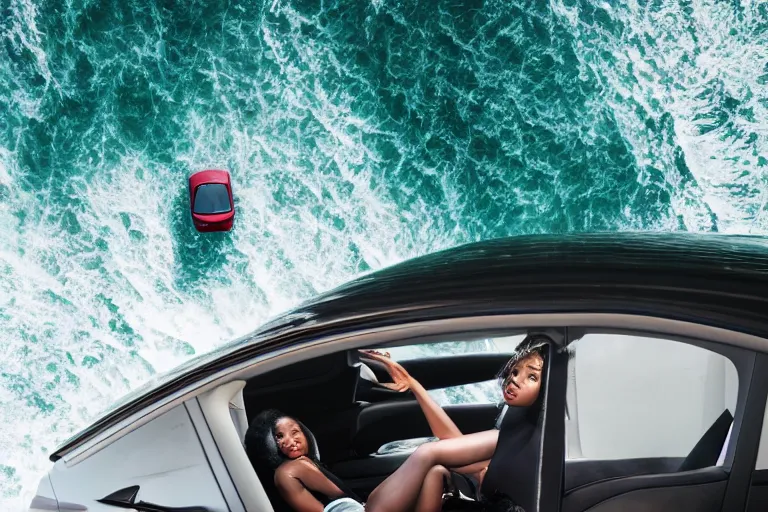 Image similar to photo of a gorgeous black model sitting on a Tesla on a cliff on the ocean By Emmanuel Lubezki