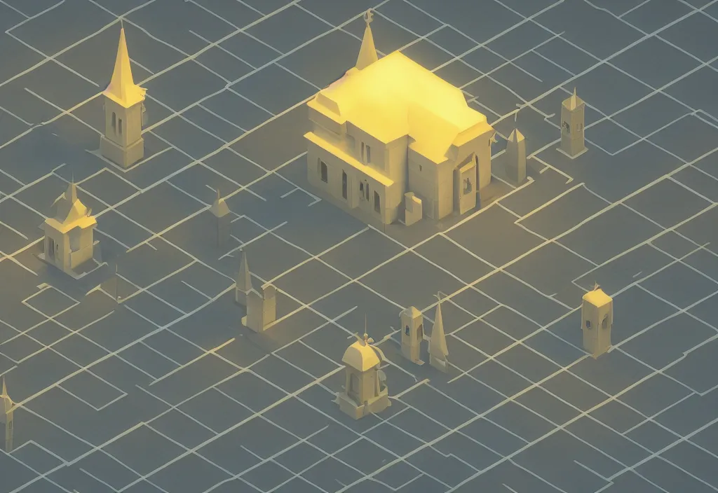 Image similar to isometric church magicavoxel cinematic lighting, 4k