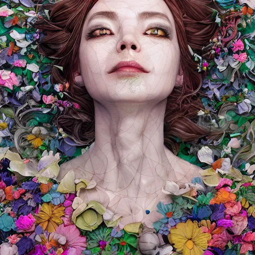 Image similar to the portrait of an absurdly beautiful, graceful, elegant mature woman made of petals looking up, an ultrafine detailed illustration by kim jung gi, irakli nadar, intricate linework, bright colors, octopath traveler, final fantasy, angular, unreal engine 5 highly rendered, global illumination, radiant light, detailed and intricate environment