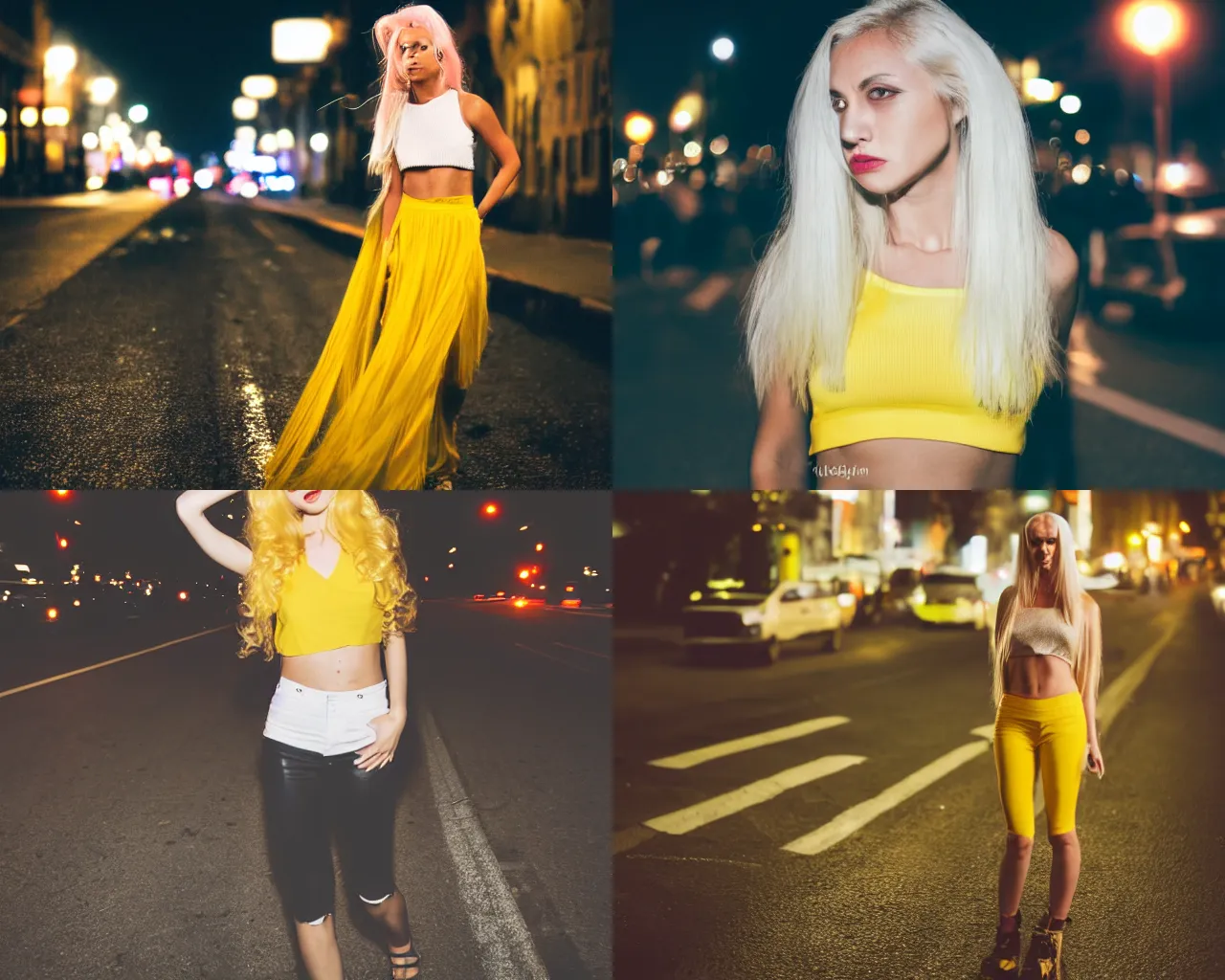 Prompt: photo of a woman with long yellow hair wearing a crop top during the night on a street, dslr, canon, beautiful woman