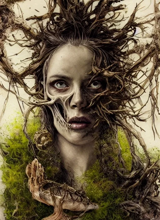 Image similar to portrait, bird skull, moss, driftwood, witches, watercolor, dramatic lighting, cinematic, establishing shot, extremely high detail, foto realistic, cinematic lighting, pen and ink, intricate line drawings, by Yoshitaka Amano, Ruan Jia, Kentaro Miura, Artgerm, post processed, concept art, artstation, matte painting, style by eddie mendoza, raphael lacoste, alex ross