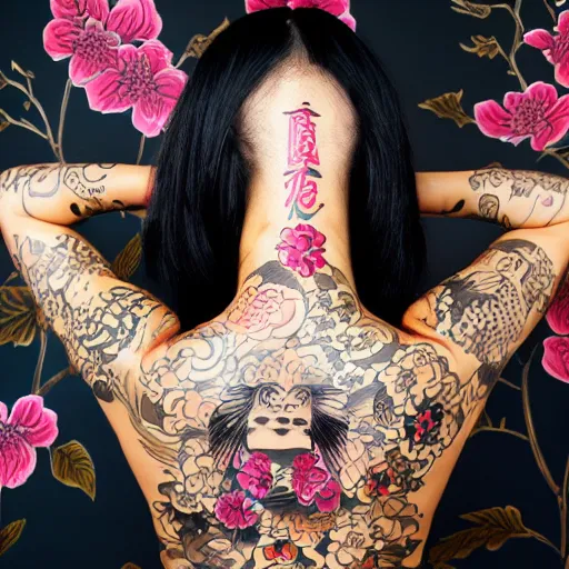 Prompt: photography of the back of a woman with a black detailed irezumi tatto representing a big gold tiger with pink flowers on her entire back, dark hangar background, mid-shot, editorial photography