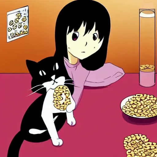 Prompt: “Shinji from Eva eating Cheerios with an emo cat girl”