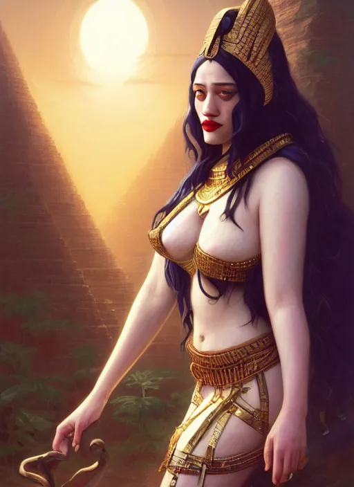 Image similar to Highly detailed portrait of Kat Dennings, as an Egyptian goddess, Stephen Bliss, unreal engine, fantasy art by Greg Rutkowski, Loish, Rhads, ferdinand knab, Makoto Shinkai and Lois van baarle, ilya kuvshinov, rossdraws, Tom Bagshaw, global illumination, detailed and intricate environment