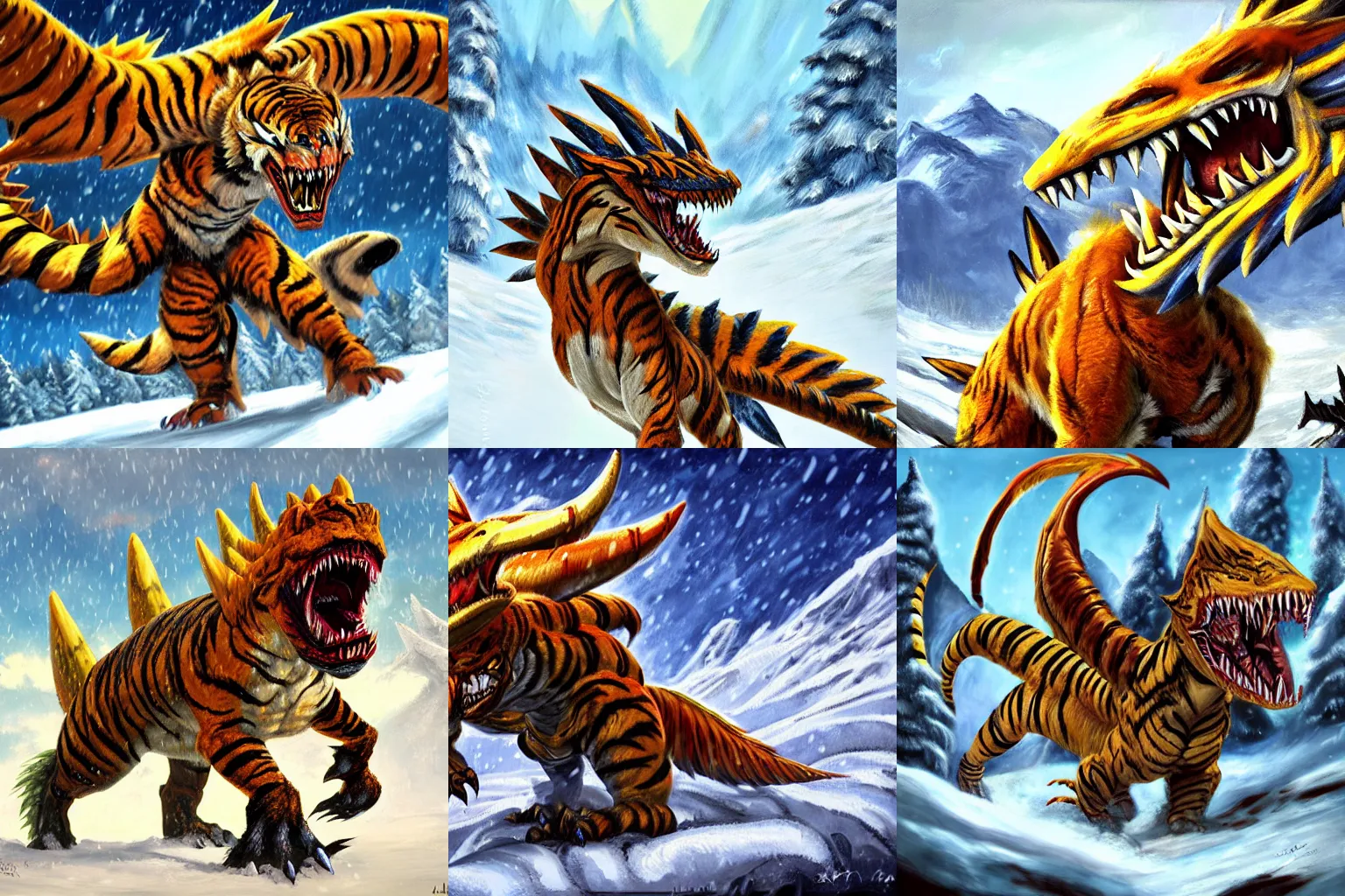 Prompt: Painting of a Tigrex from Monster Hunter in a snowy mountain field