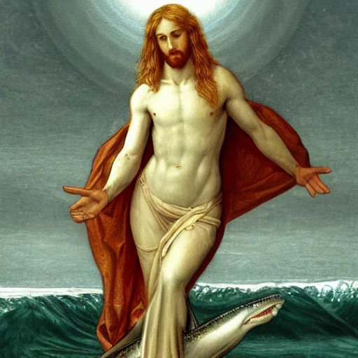 Image similar to Jesus Christ riding on a great white shark, detailed digital art, artstation, cgsociety, Art sacré, Religious art, by pre-raphaelite artist Dante Gabriel Rossetti