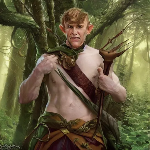 Image similar to dnd character concept portrait, angry male elf druid in forest, detailed, high quality, dynamic lighting, fantasy, artwork by artgerm, wlop, alex ross, greg rutknowski, alphonse mucha