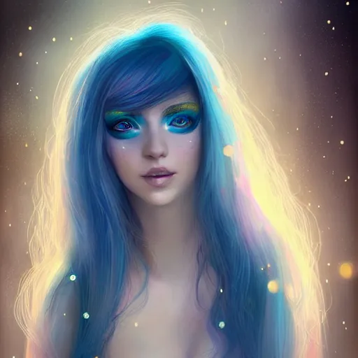 Image similar to Portrait by Charlie Bowater, blue hair, mascara, glitter makeup, gold filigree, smiling, soft colors, pastels