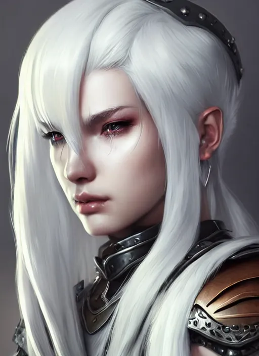 Image similar to warrior, fur leather armor!!! beautiful and elegant white hair female!! gorgeous ayes!! character concept art, sharp focus, octane render! unreal engine 5! highly rendered!! trending on artstation!! detailed linework!! illustration by artgerm, wlop, and chie yoshii