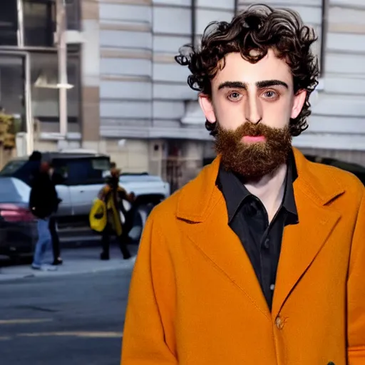 Image similar to bearded timothee chalamet experiencing homelessness