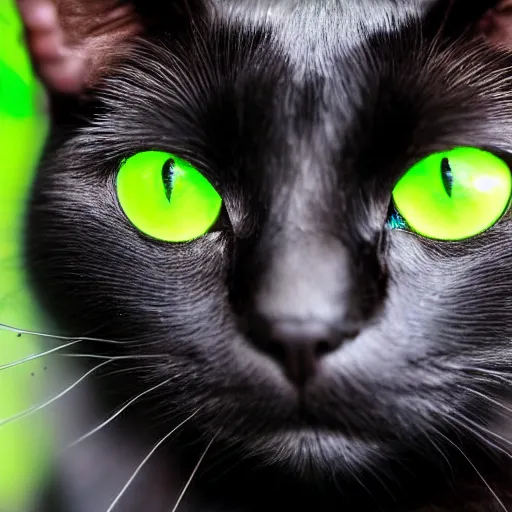 Prompt: a black cat with glowing green eyes