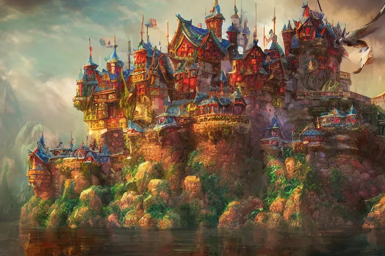Prompt: beautiful extravagant castle, colorful, majestic, artstation, trending, highly detailed, concept art by li shuxing
