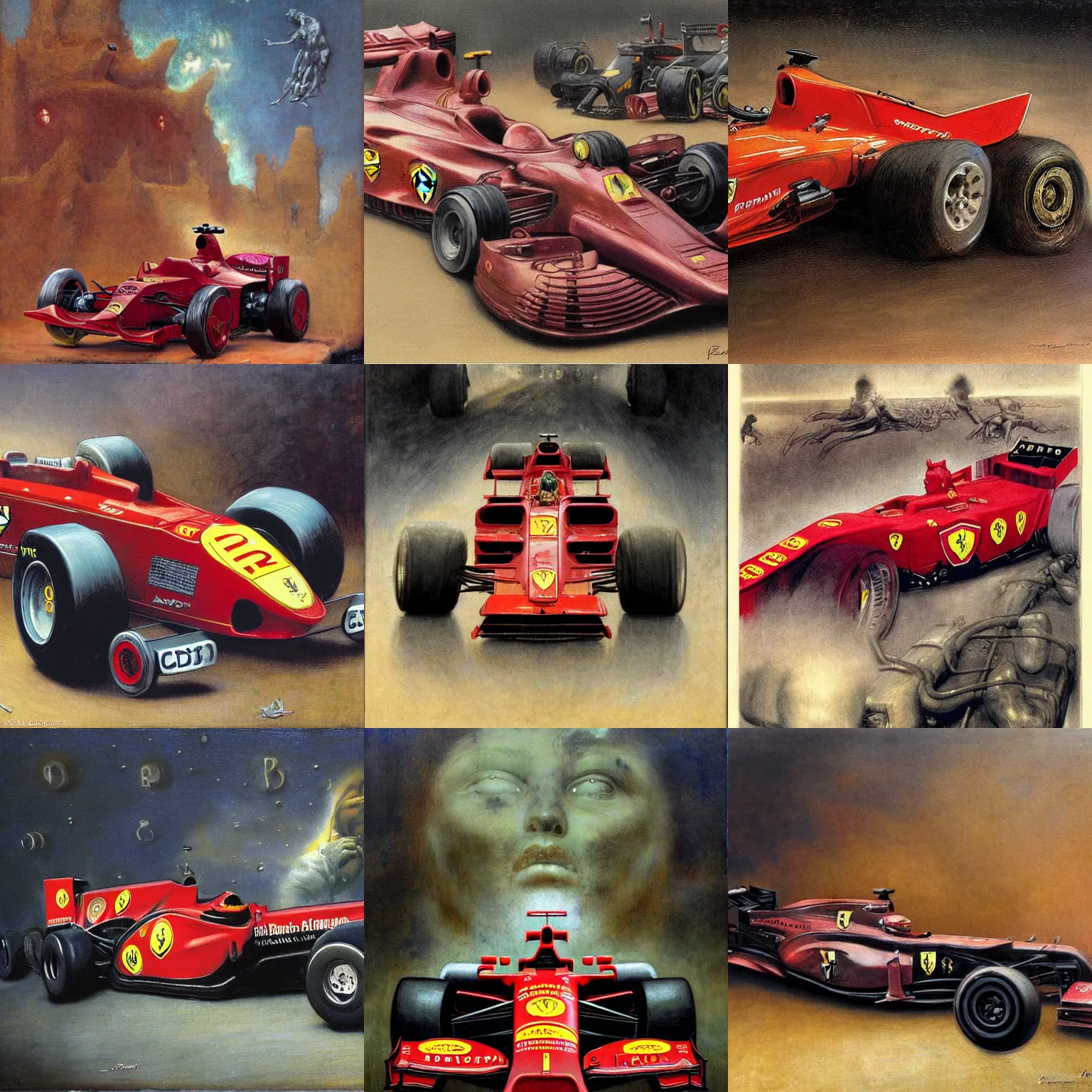 Prompt: a ferrari f 1 car, by wayne barlowe, by gustav moreau, by goward, by gaston bussiere, by roberto ferri, by santiago caruso, by luis ricardo falero, by austin osman spare, by saturno butto