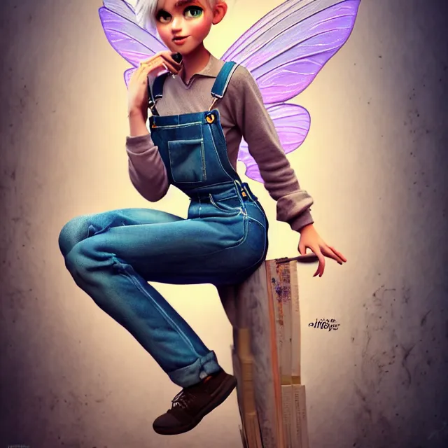 Image similar to full body pose, beautiful adult fairy, pixar, short white hair shaved sides, dirty, grungy, grunge, long sleeve, painted overalls, stacks of giant books, highly detailed, 4 k, hdr, smooth, sharp focus, high resolution, award - winning photo, artgerm, photorealistic