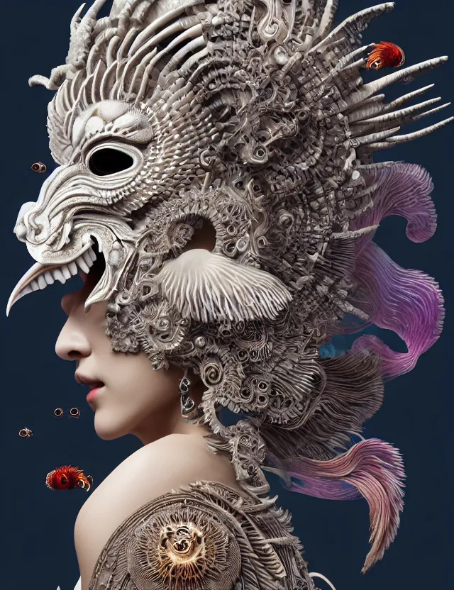 Image similar to 3 d goddess close - up profile portrait ram skull. beautiful intricately detailed japanese crow kitsune mask and clasical japanese kimono. betta fish, jellyfish phoenix, bio luminescent, plasma, ice, water, wind, creature, artwork by tooth wu and wlop and beeple and greg rutkowski