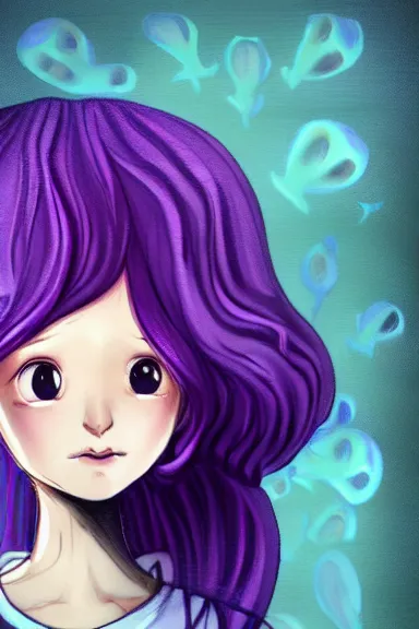 Prompt: a little girl wearing a mushroom hat in dress sitting | | purple curvy hair, pretty face, fine details, digial art by lois van baarle, anatomically correct, perfect composition, symmetrical, fantastic, clean details, anime character