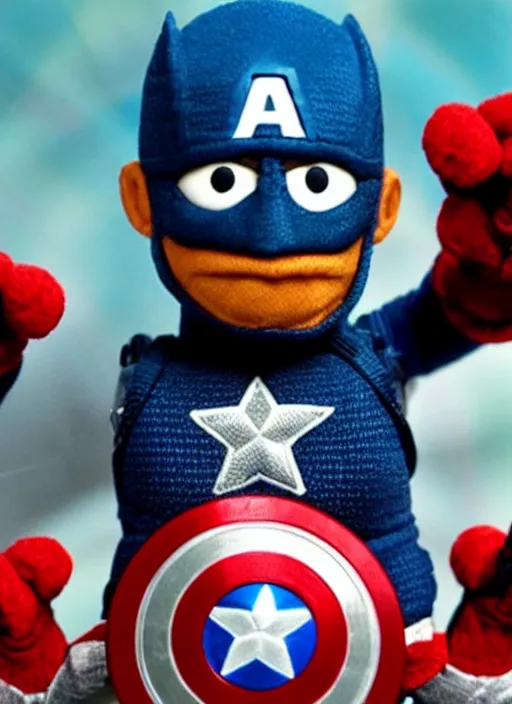 Prompt: captain america as a muppet in the new action movie 4 k atmospheric volumetric