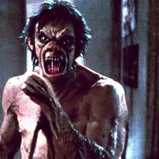 Prompt: film still of a funny looking werewolf extending out his hand in an american werewolf in london