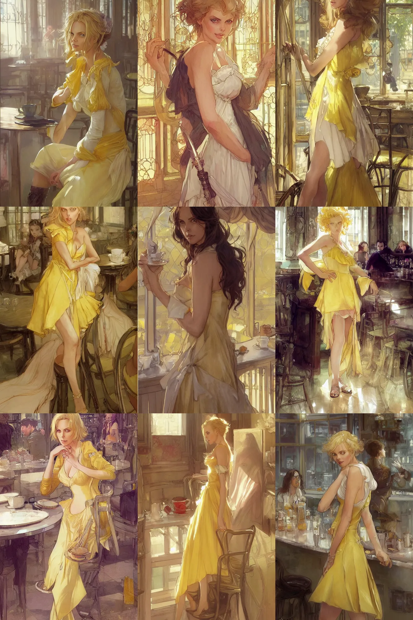 Prompt: a charlize theron in a maid's outfit in a cafe a afternoon, wavy hair yellow theme, s line, 4 5 angel by krenz cushart and mucha and greg rutkowski