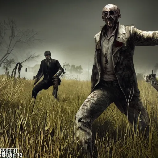 Image similar to vladimir putin running from zombies in hunt showdown