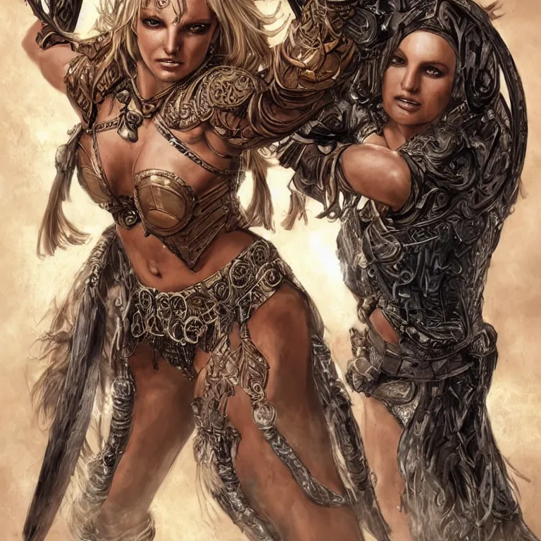 Image similar to a young britney spears as an amazon warrior, a tall beautiful woman with brown skin and long hair, dressed in hellenistic body armor, intricate, elegant, highly detailed, smooth, sharp focus, detailed face, art by ardian syaf